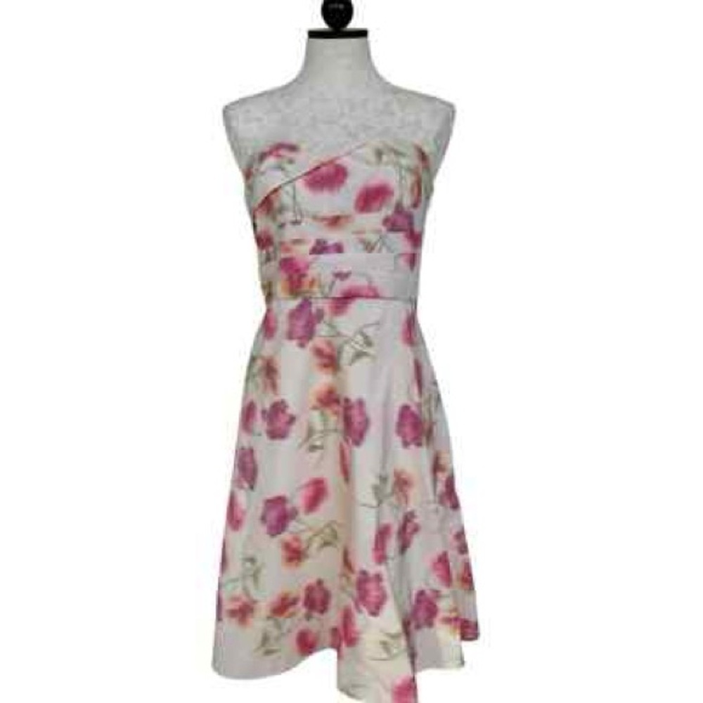 Banana Republic Strapless Floral Cream Pink Dress Pleated Sweetheart Bodice 4